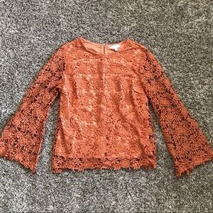 Adiva Lace Crochet Blouse Lg Boho Romantic Cottagecore Whimsical Orange Salmon